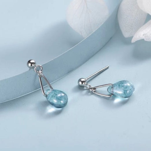 S925 Sterling Silver Blue Water-drop Glass Stud Earrings